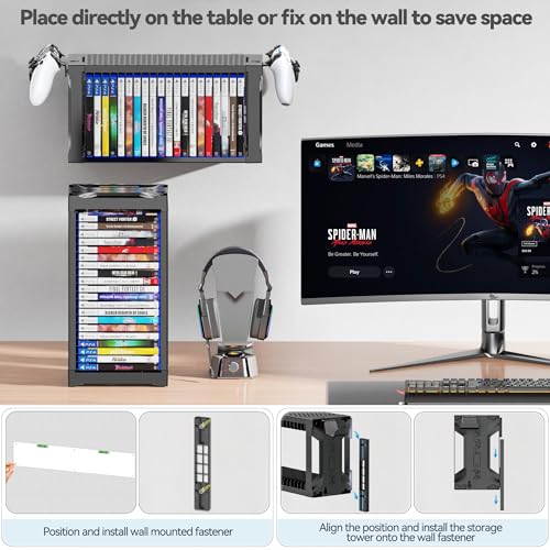 Kytok Video Game Storage Tower Holder with Controller Stand, Wall Mount Game Organizers and Storage for Nintendo Switch 2/ PS5/4/ XboxOne/Series, Vertical & Horizontal Stand for 20 Gaming Discs Accessories - Image 4