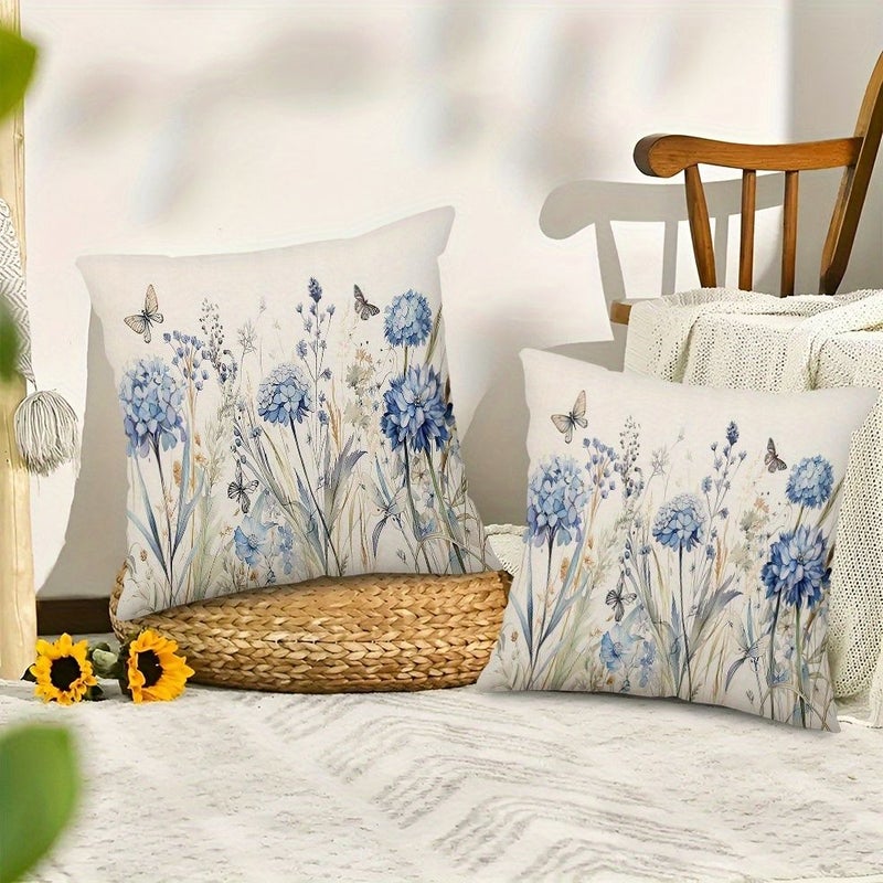2pcs Watercolor Floral Hydrangeas Pillow Covers 16x16 Inches Blue Butterflies Design Machine Washable Zipper Decorative Throw Pillow Cases - Image 2
