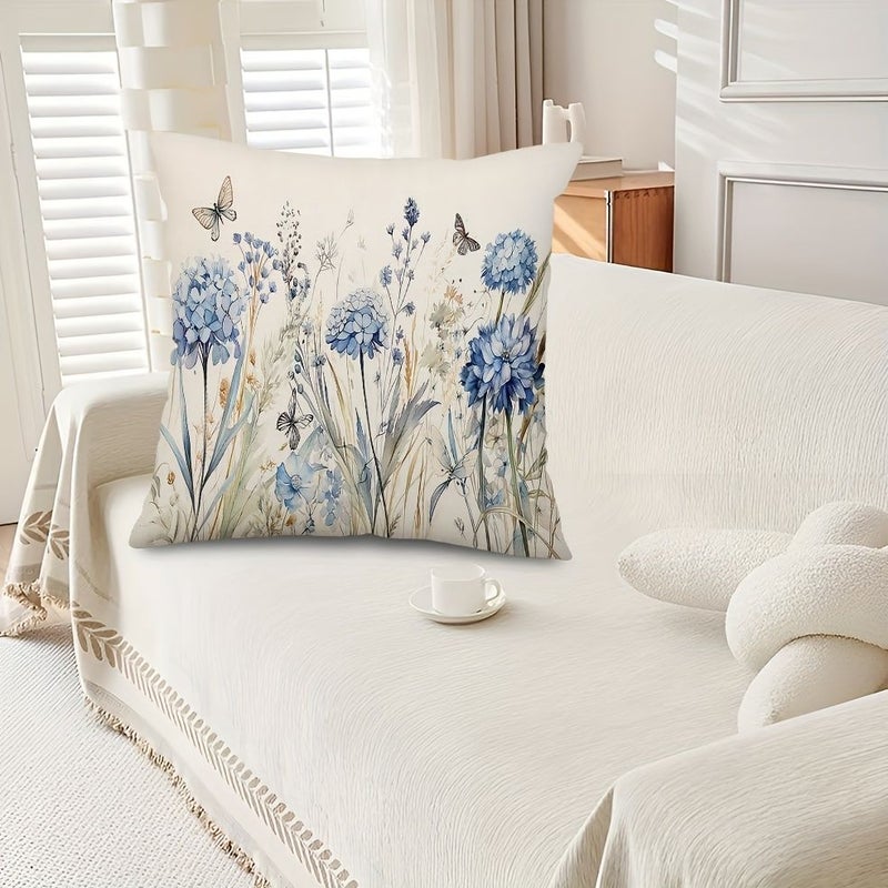 2pcs Watercolor Floral Hydrangeas Pillow Covers 16x16 Inches Blue Butterflies Design Machine Washable Zipper Decorative Throw Pillow Cases - Image 4