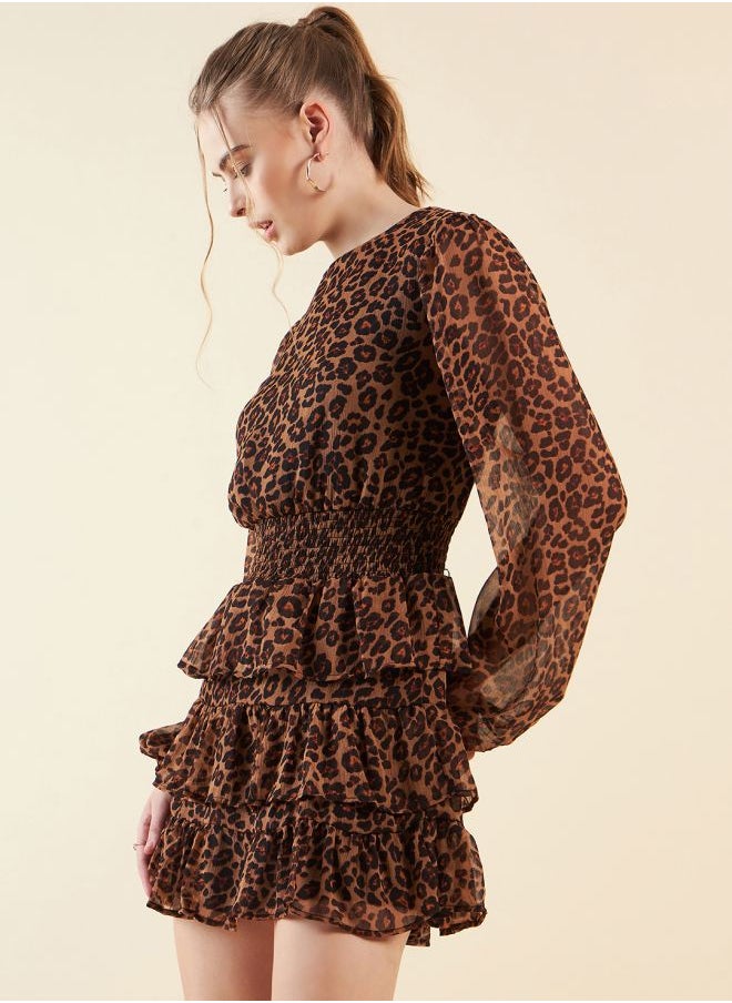 Freehand - Women Fit and Flared Party Wear Animal Print Round Neck Tiered Dress - Image 1