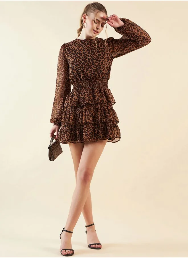 Freehand Women Fit and Flared Party Wear Animal Print Round Neck Tiered Dress