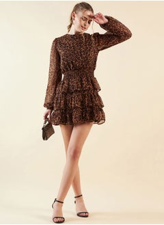 Women Fit and Flared Party Wear Animal Print Round Neck Tiered Dress