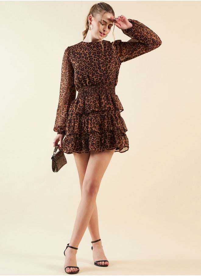 Freehand - Women Fit and Flared Party Wear Animal Print Round Neck Tiered Dress - Image 1