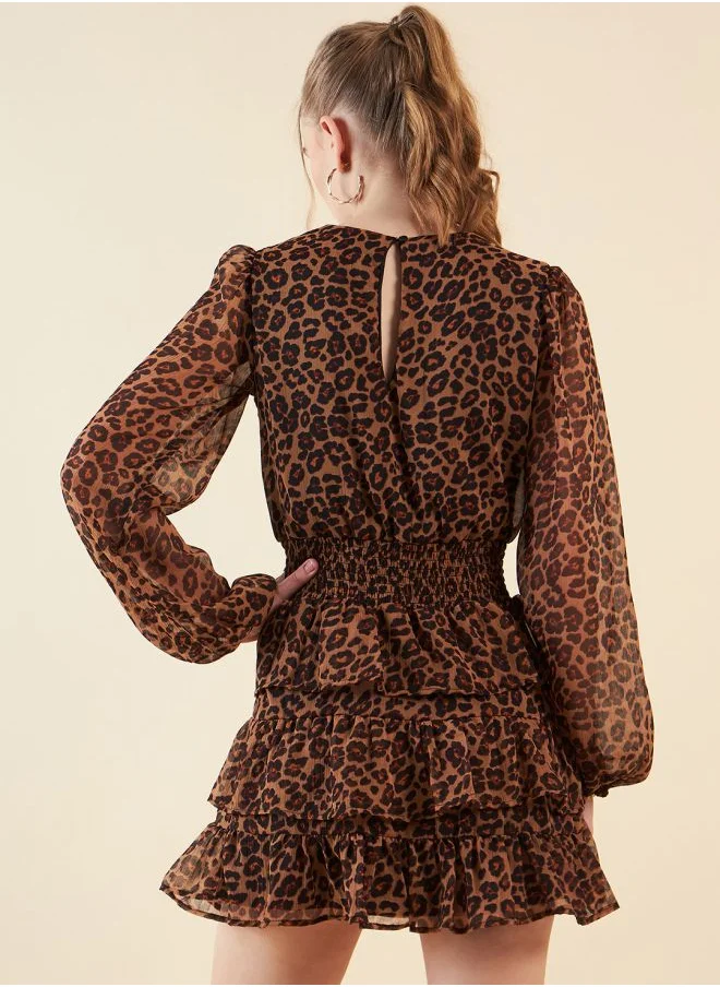 Freehand Women Fit and Flared Party Wear Animal Print Round Neck Tiered Dress