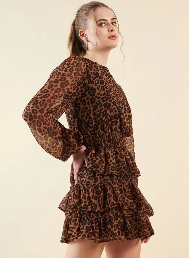 Freehand Women Fit and Flared Party Wear Animal Print Round Neck Tiered Dress