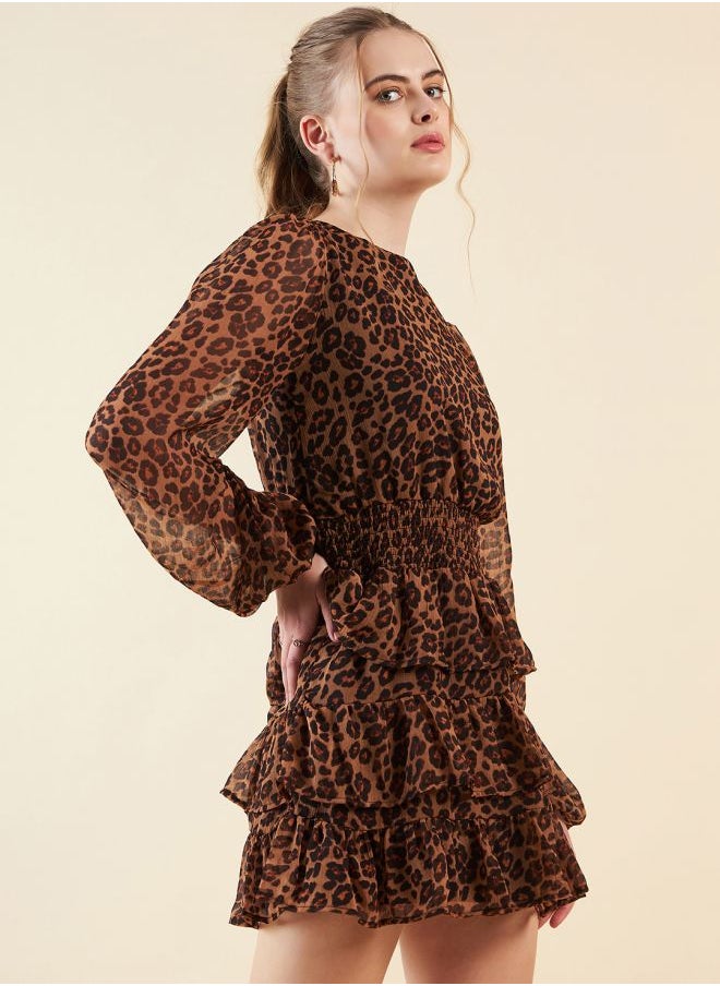 Freehand - Women Fit and Flared Party Wear Animal Print Round Neck Tiered Dress - Image 1
