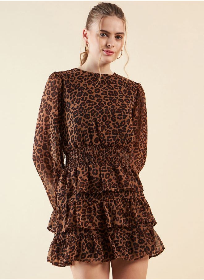 Freehand - Women Fit and Flared Party Wear Animal Print Round Neck Tiered Dress - Image 1