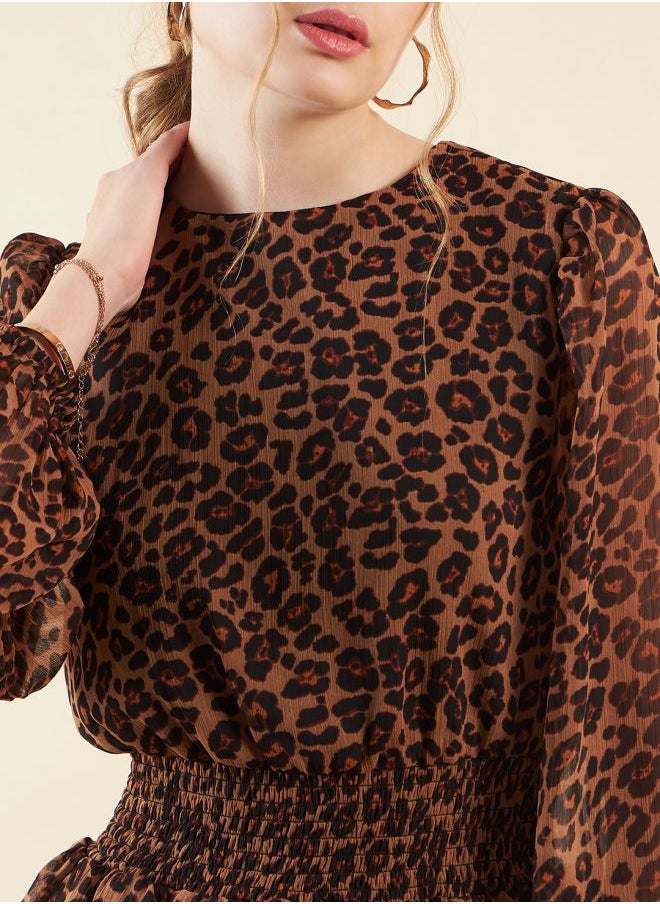 Freehand - Women Fit and Flared Party Wear Animal Print Round Neck Tiered Dress - Image 1