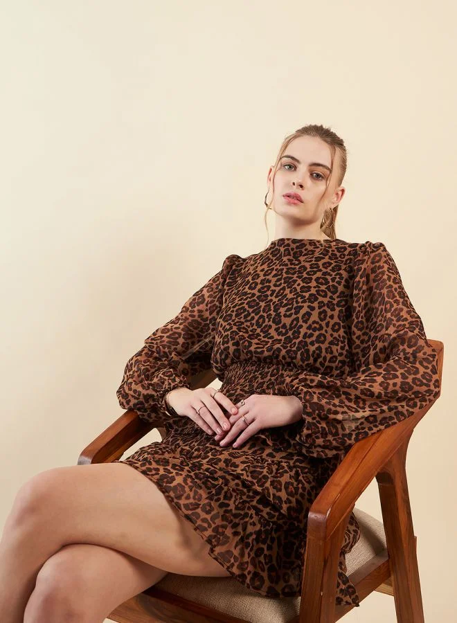 Freehand Women Fit and Flared Party Wear Animal Print Round Neck Tiered Dress