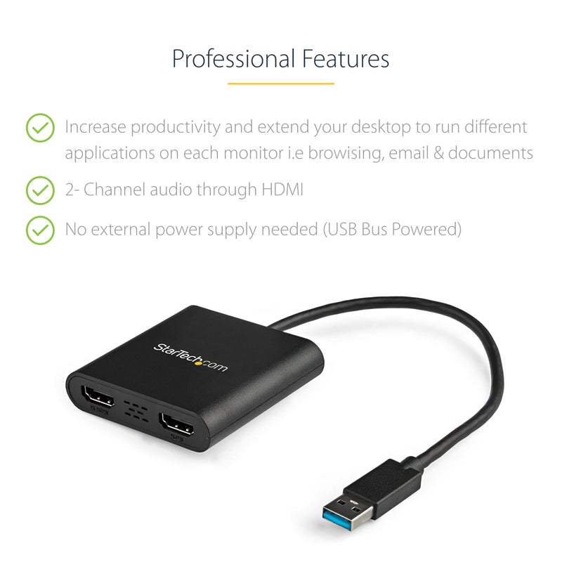 StarTech.com USB 3.0 to Dual HDMI Adapter, USB to 2x HDMI Monitor Converter for Windows, TAA (no support for macOS/ChromeOS/Linux) - Image 2