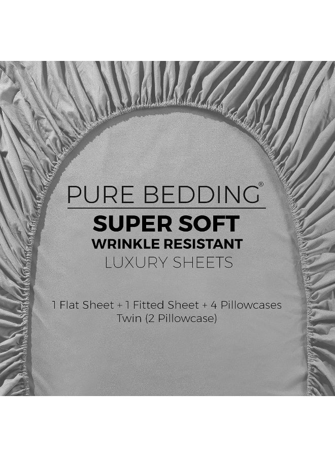 Pure Bedding Bed Sheets - Queen Sheet Set [6-Piece, Light Grey] - Hotel Luxury 1800 Brushed Microfiber - Soft and Breathable - Deep Pocket Fitted Sheet, Flat Sheet, Pillow Cases - Image 5