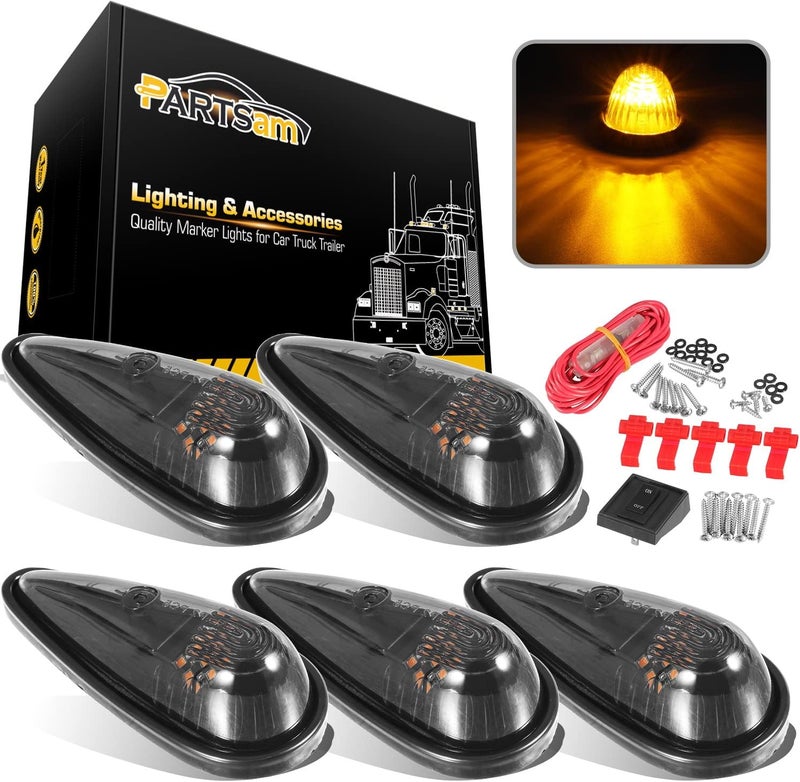 Partsam 5pcs Front Rear Smoke Lens Teardrop Cab Light 9LED Amber Cab Marker Light Top Clearance Roof Running Light with Wiring Pack for Trucks, Vans, Pickups, semis and RVs - Image 1