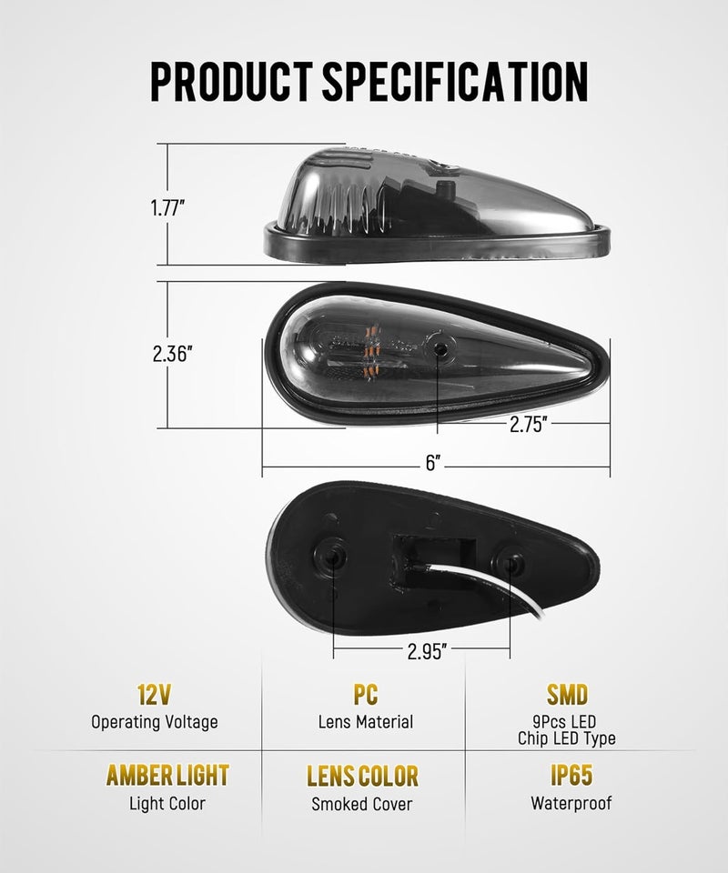 Partsam 5pcs Front Rear Smoke Lens Teardrop Cab Light 9LED Amber Cab Marker Light Top Clearance Roof Running Light with Wiring Pack for Trucks, Vans, Pickups, semis and RVs - Image 3