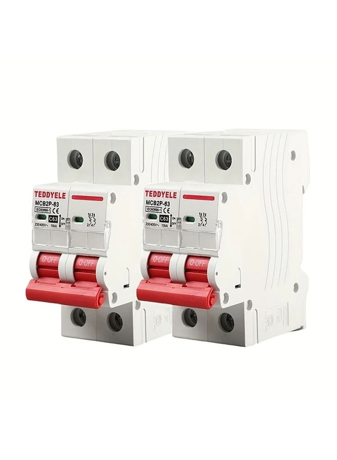 2 Pack C63 AC Mini Circuit Breaker 2 Pole DIN Rail Mount 230 400V MCB - Image 1