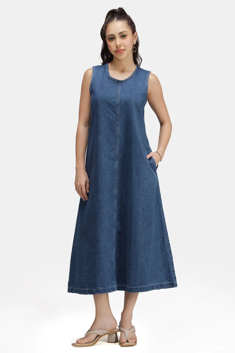 Virgio Solid Cotton Denim Aline Midi Dress for Women