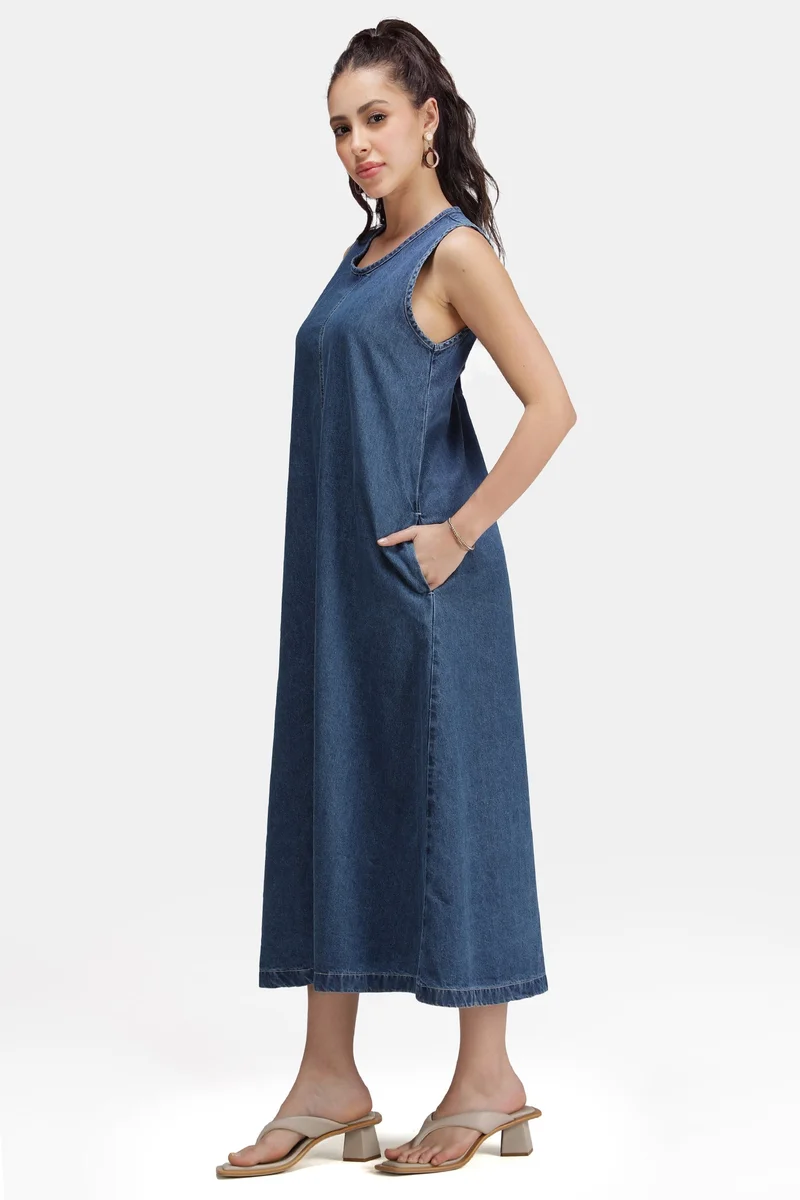 Virgio  Solid Cotton Denim Aline Midi Dress for Women for Women | Best Price UAE