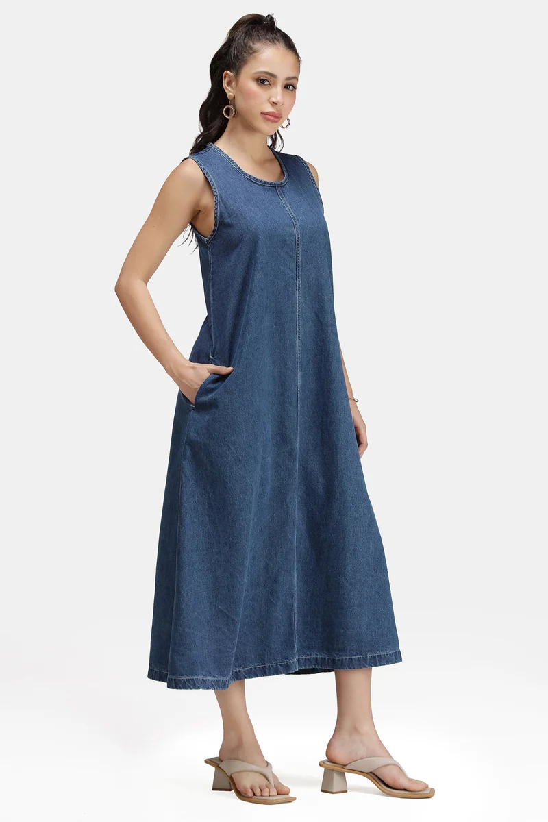 Virgio  Solid Cotton Denim Aline Midi Dress for Women for Women | Best Price UAE