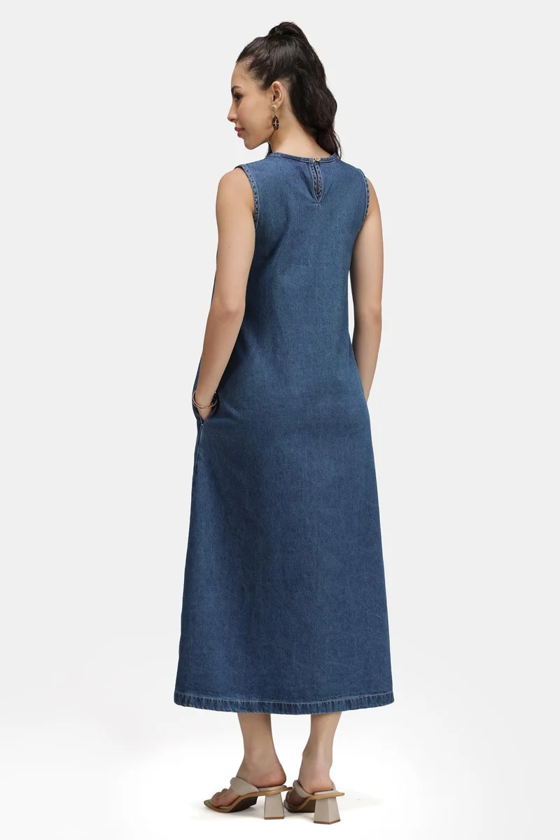 Virgio  Solid Cotton Denim Aline Midi Dress for Women for Women | Best Price UAE