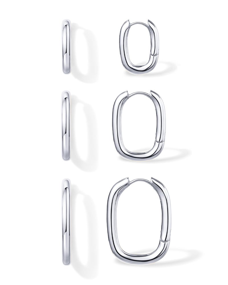 PAVOI Rhodium Plated 925 Sterling Silver Posts Three Pairs Geometric Chunky Hoop Earrings for Women - Lightweight Rectangle Huggie Gold Hoops Earrings Set Piercing Pack - Image 1