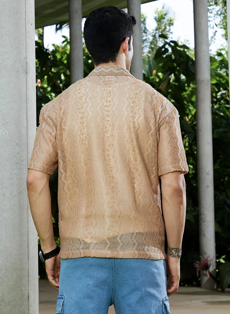 CAHOOT  Men's Sand Beige Swirl Open-Knit Resort Shirt for Men | Best Price UAE