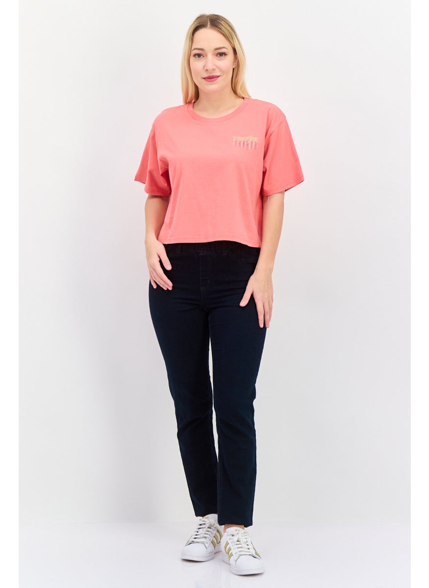 Wrangler Women Round Neck Short Sleeves Brand Logo Crop Top, Pink  - Image 4