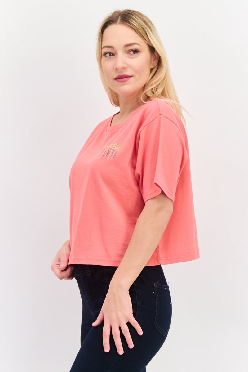 Wrangler Women Round Neck Short Sleeves Brand Logo Crop Top, Pink - Image 2