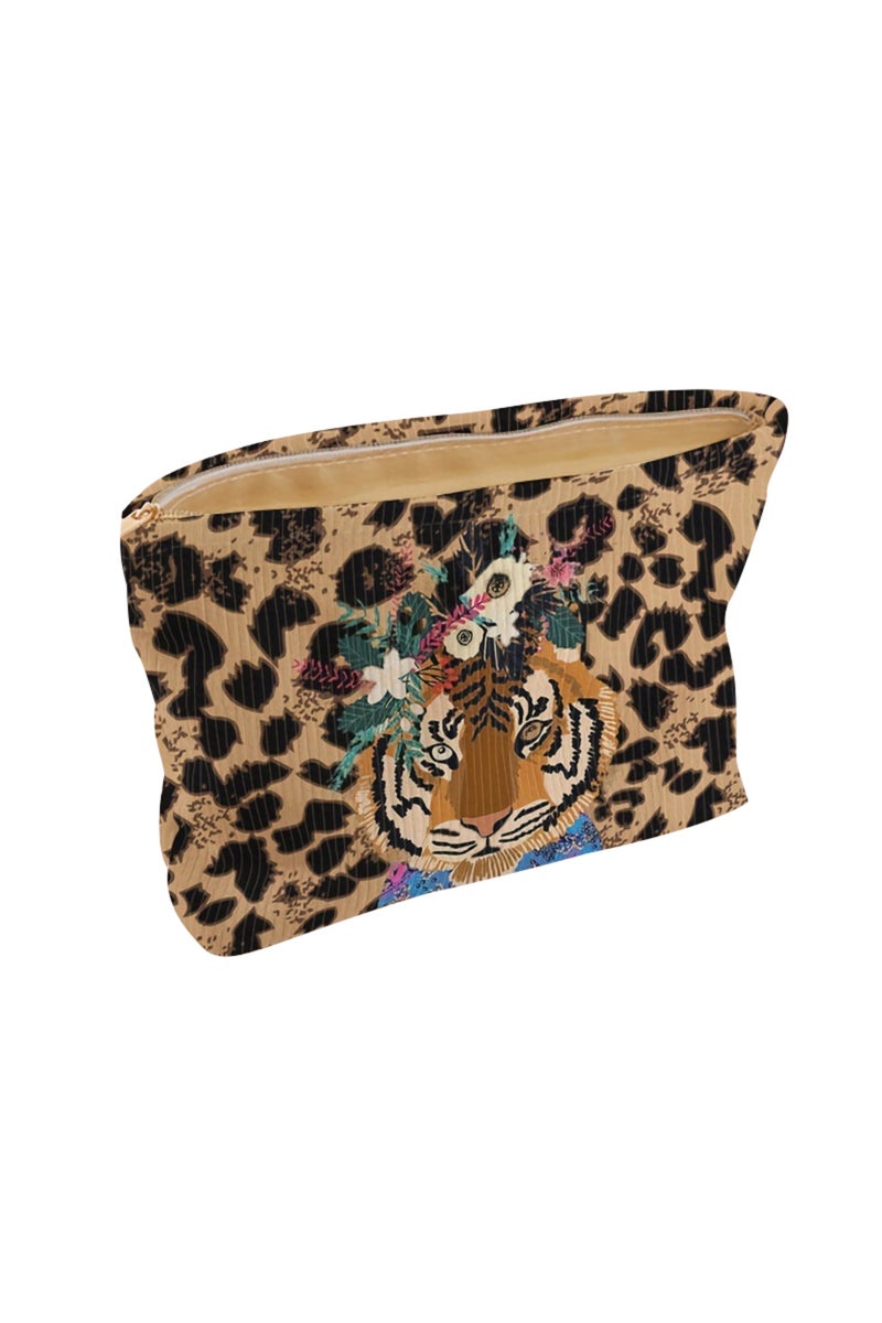 إيروريكس حقيبة مكياج أنيقة من قماش الكوردروي بنقشة جلد النمر، مزودة بسحاب، خفيفة الوزن ومتعددة الاستخدامات.