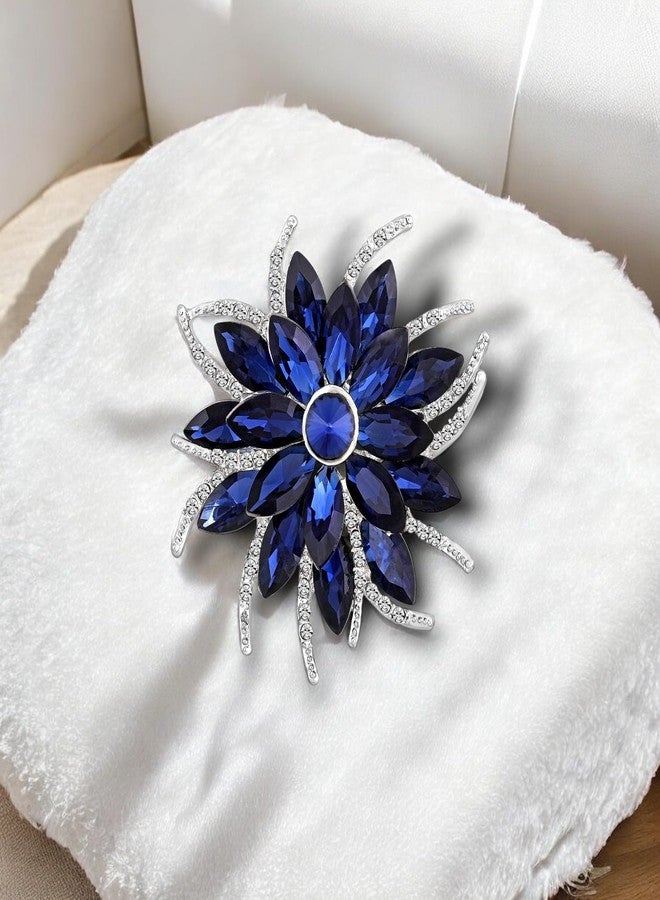 Mahi Rhodium Plated Floral Design Sapphire Blue and White Crystals Studded Saree Pin/Wedding Brooch for Women (BP1101140RBlu) - Image 3