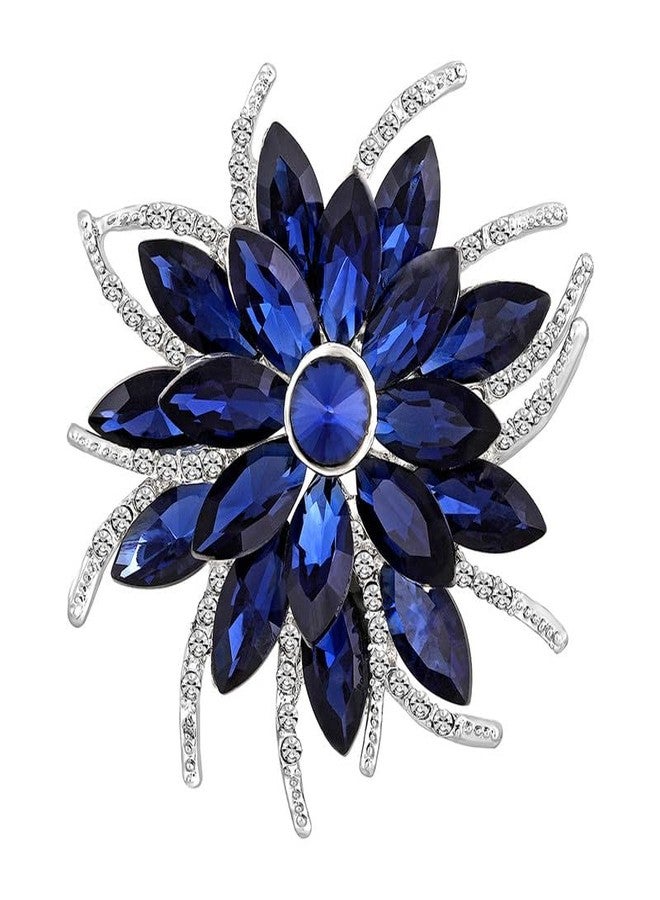 Mahi Rhodium Plated Floral Design Sapphire Blue and White Crystals Studded Saree Pin/Wedding Brooch for Women (BP1101140RBlu) - Image 1