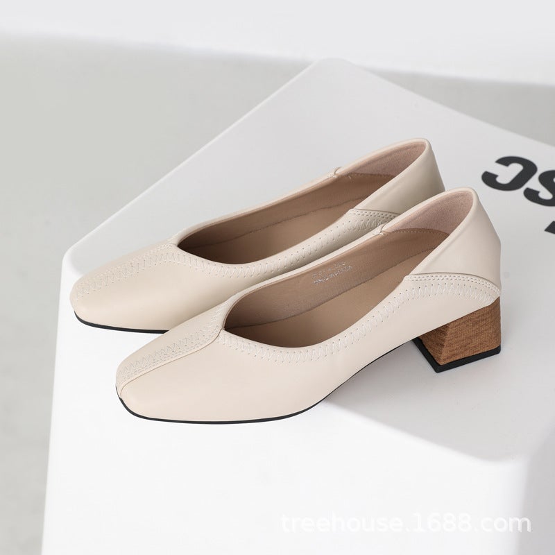 Daily All-Match Simple Commuting Black Work Shoes Women'S Soft Leather Retro Elegant Square Toe Shallow Mouth Thick Heel Shoes Women'S Shoes - Image 4