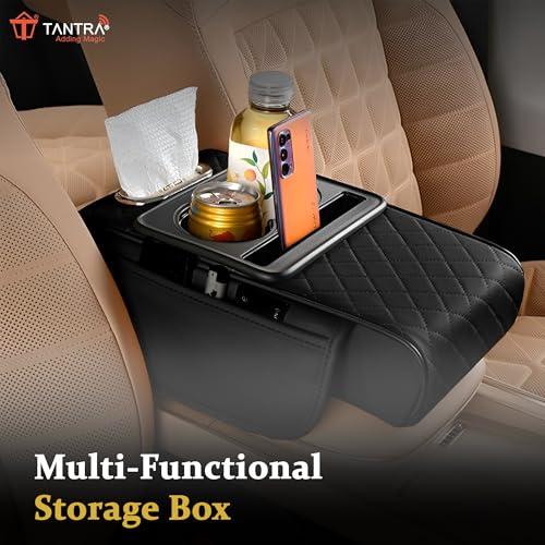 TANTRA Premium Car Armrest Cushion Organizers, 5-in-1 Center Console Cover with 2 Storage Bags Cup Holder, Tissue Box Slot, Phone Slot for Sedans, Car Accessories Interior Organizers (Black) - Image 4