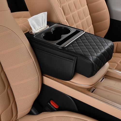 TANTRA Premium Car Armrest Cushion Organizers, 5-in-1 Center Console Cover with 2 Storage Bags Cup Holder, Tissue Box Slot, Phone Slot for Sedans, Car Accessories Interior Organizers (Black) - Image 1