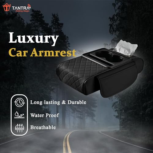 TANTRA Premium Car Armrest Cushion Organizers, 5-in-1 Center Console Cover with 2 Storage Bags Cup Holder, Tissue Box Slot, Phone Slot for Sedans, Car Accessories Interior Organizers (Black) - Image 3