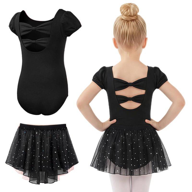 Gogokids Girls Ballet Leotards with Removable Skirt Dance Dress for Toddler Bodysuit with Hollow Bow Back 4-5T Black - Image 1