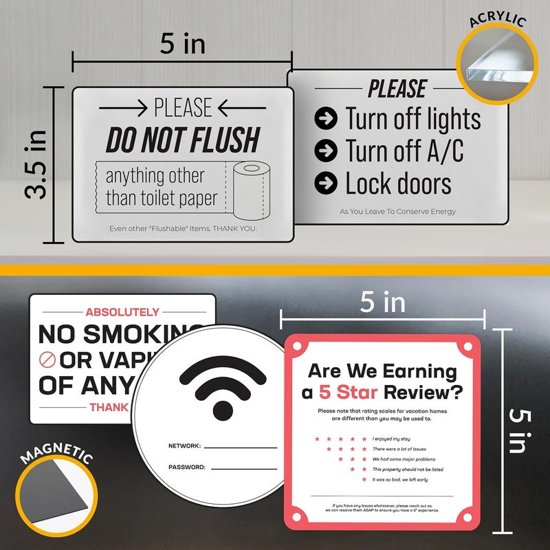ORCA 5 Essential AirBnB Signs For Hosts | Wifi Password Sign For Home Guests, No Smoking, Do Not Flush For Bathroom Toilet, Turn Off Lights & AC, Air Bnb Vacation Rental Review Request Fridge Magnet - Image 5