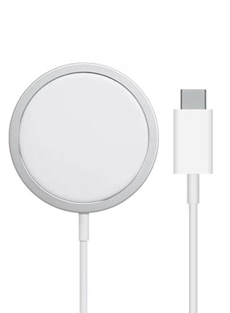 شاحن MagSafe لاسلكي مغناطيسي مع كابل USB-C، شحن لاسلكي سريع لهواتف iPhone 12/13/14/15/16، محاذاة مغناطيسية قوية، شحن آمن، تصميم مدمج وسهل الحمل – أبيض - Image 1