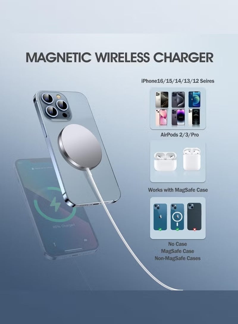 شاحن MagSafe لاسلكي مغناطيسي مع كابل USB-C، شحن لاسلكي سريع لهواتف iPhone 12/13/14/15/16، محاذاة مغناطيسية قوية، شحن آمن، تصميم مدمج وسهل الحمل – أبيض - Image 2