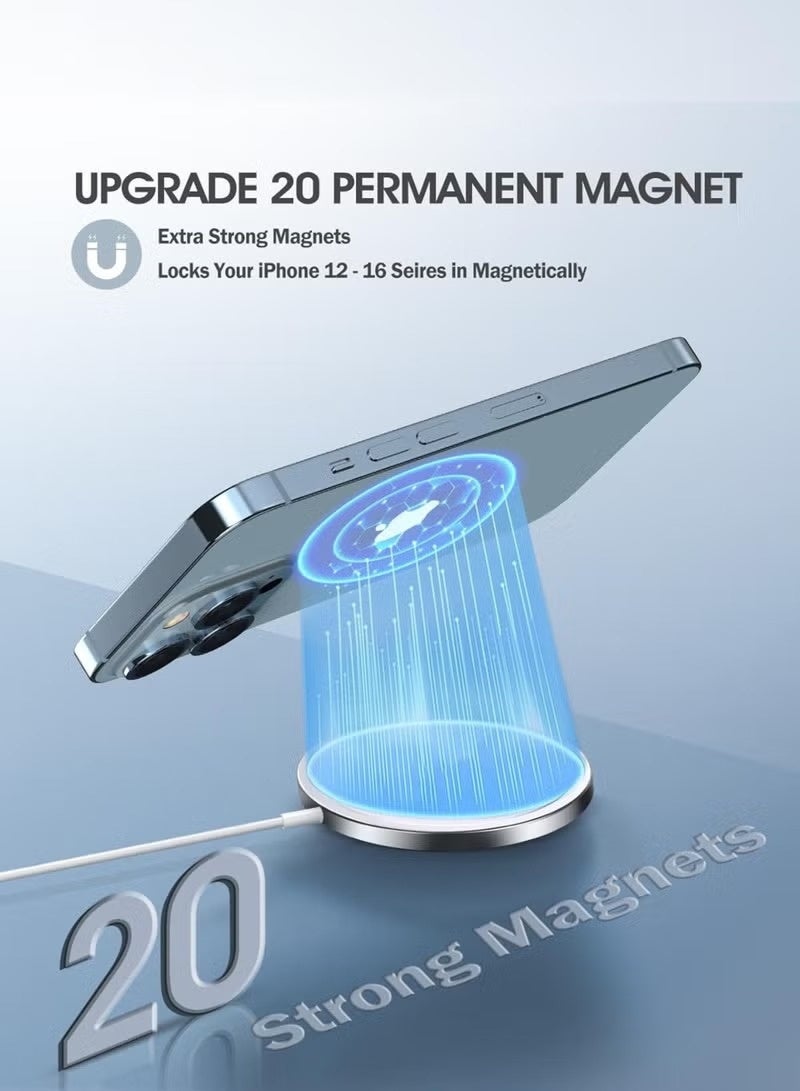 شاحن MagSafe لاسلكي مغناطيسي مع كابل USB-C، شحن لاسلكي سريع لهواتف iPhone 12/13/14/15/16، محاذاة مغناطيسية قوية، شحن آمن، تصميم مدمج وسهل الحمل – أبيض - Image 5
