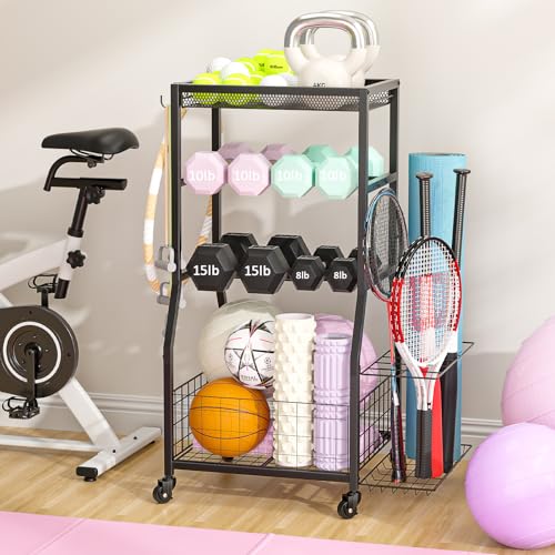 ThreeHio Home Gym Storage Rack, Dumbbell Rack with Yoga Mat Storage, Weight Rack Stand with Lockable Wheels and Hooks, Home Workout Equipment Organizer for Yoga, Dumbbell, Kettlebells, Ball Storage - Image 1