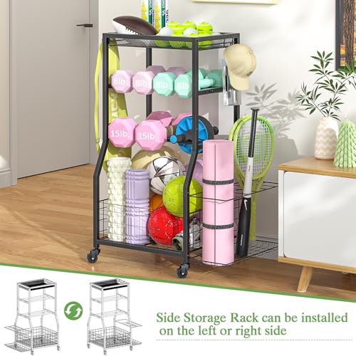 ThreeHio Home Gym Storage Rack, Dumbbell Rack with Yoga Mat Storage, Weight Rack Stand with Lockable Wheels and Hooks, Home Workout Equipment Organizer for Yoga, Dumbbell, Kettlebells, Ball Storage - Image 2