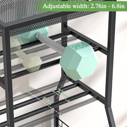 ThreeHio Home Gym Storage Rack, Dumbbell Rack with Yoga Mat Storage, Weight Rack Stand with Lockable Wheels and Hooks, Home Workout Equipment Organizer for Yoga, Dumbbell, Kettlebells, Ball Storage - Image 4