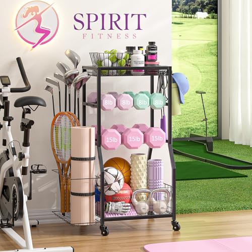 ThreeHio Home Gym Storage Rack, Dumbbell Rack with Yoga Mat Storage, Weight Rack Stand with Lockable Wheels and Hooks, Home Workout Equipment Organizer for Yoga, Dumbbell, Kettlebells, Ball Storage - Image 5