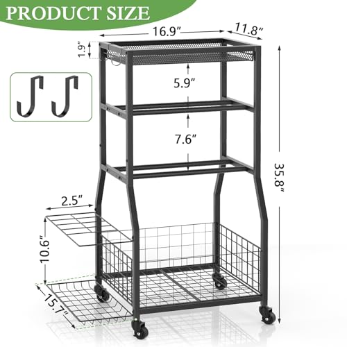 ThreeHio Home Gym Storage Rack, Dumbbell Rack with Yoga Mat Storage, Weight Rack Stand with Lockable Wheels and Hooks, Home Workout Equipment Organizer for Yoga, Dumbbell, Kettlebells, Ball Storage - Image 3