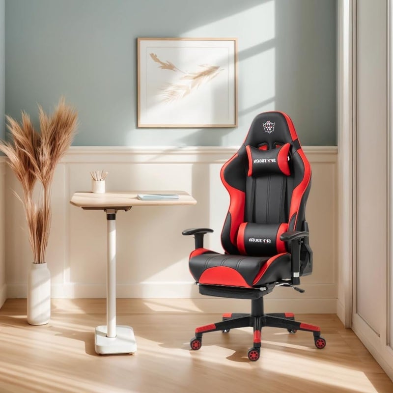SKY-TOUCH New Upgrade Ergonomic Gaming Chair,Height Adjustable Computer Gaming Chair with Footrest,Adjustable Armrests,Fulled PU Leather, Swivel & Tilt,54x52x132cm, Red - Image 2