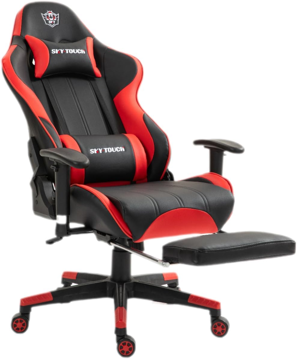 New Upgrade Ergonomic Gaming Chair,Height Adjustable Computer Gaming Chair with Footrest,Adjustable Armrests,Fulled PU Leather, Swivel & Tilt,54x52x132cm, Red