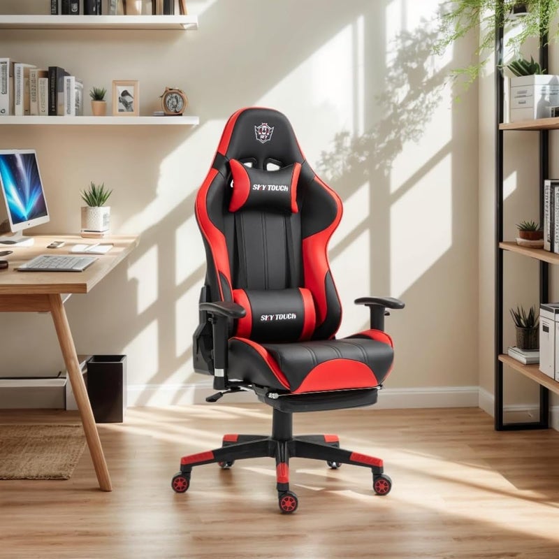 SKY-TOUCH New Upgrade Ergonomic Gaming Chair,Height Adjustable Computer Gaming Chair with Footrest,Adjustable Armrests,Fulled PU Leather, Swivel & Tilt,54x52x132cm, Red - Image 3