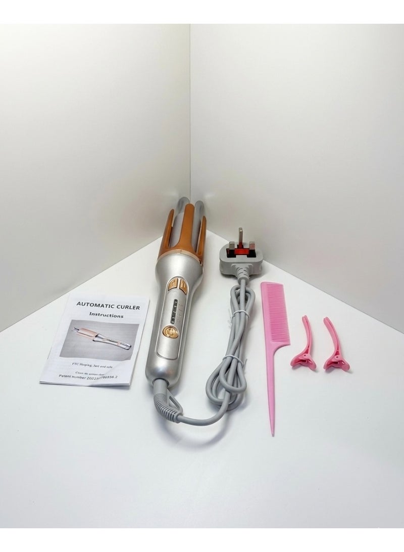 AUTOMATIC HAIR CURLER CERAMIC ROTATING CURLING IRON WITH HAIR CLIP,UK PLUG-SILVER/ROSE GOLD - Image 2