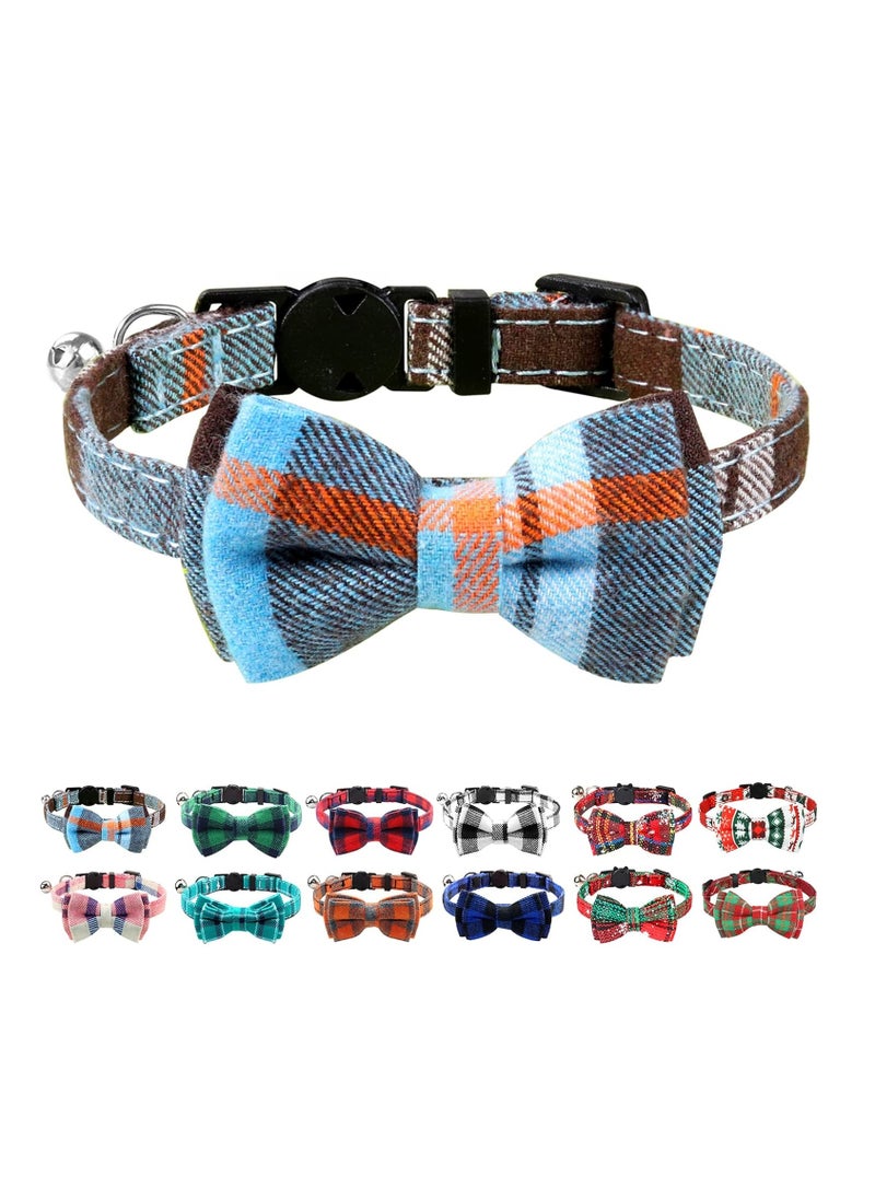 Cat Collar with Bell and Bow Tie Soft Tartan Quick Release Safety Collars for Kitten and Cats 1 Pack Haze Blue