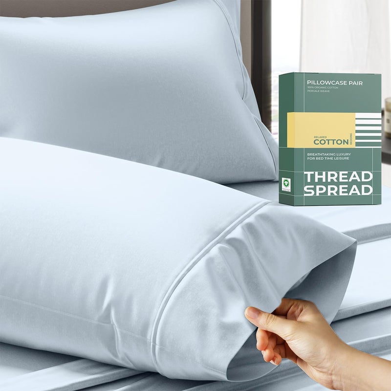THREAD SPREAD 100% Organic Cotton Pillow Cases Standard Size - Natural Cotton Pillow Cases Queen Size Set of 2 (Light Blue), Soft, Cooling, Crisp & Breathable Percale Weave Pillowcase, GOTS Certified - Image 1