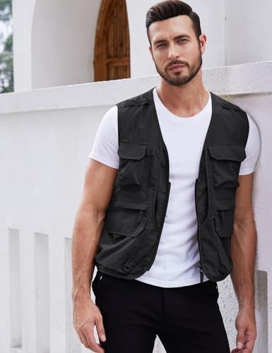 Gihuo Men's Utility Fishing Vest Lightweight Outdoor Work Safari Travel Cargo Vest with Multi-Pockets (US, Alpha, Medium, Regular, Regular, Black) - Image 3